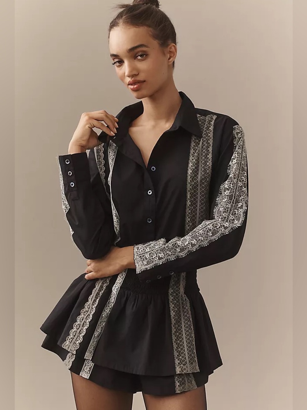 Anthropologie Black Poplin Lace-Trim Skirty Smock Waist Romper